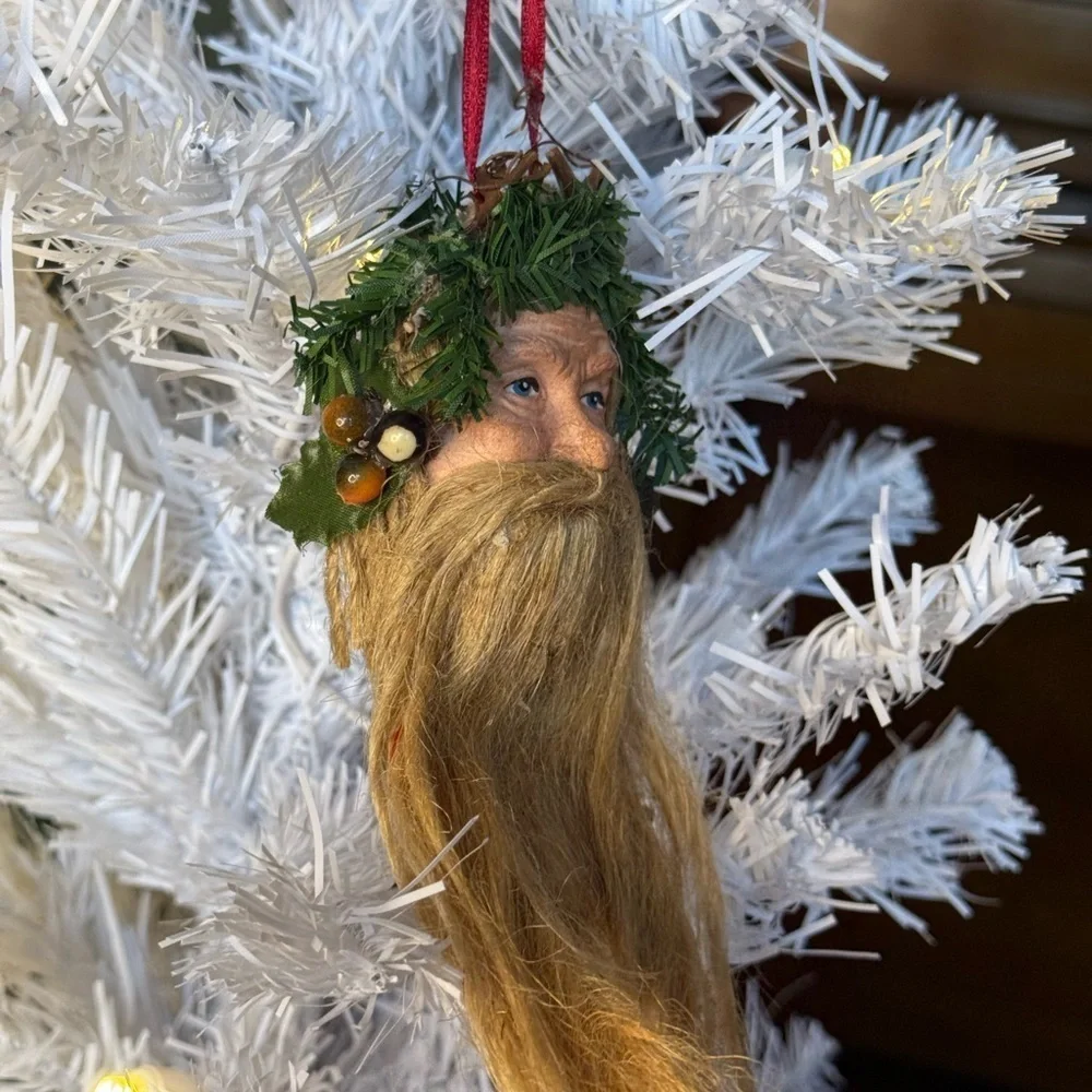 Vintage 1981 Rustic Santa Claus Ornament with Green and Brown Accents